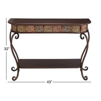 Deco 79 Metal Floral Embossed 1 Shelf Console Table With Ornate Scroll Legs, 43 X 14 X 32, Brown