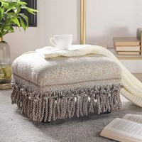 Jennifer Taylor Home Fiona Accent Footstool Ottoman, Silvery-Blue Beige Paisley Jacquard With Matching Trim