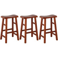 Ehemco Heavy-Duty Solid Wood Saddle Seat Kitchen Counter Barstools, 29 Inches, Dark Oak, Set Of 3