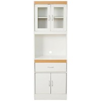 Hodedah Long Standing Kitchen Cabinet With Top & Bottom Enclosed Cabinet Space, One Drawer, Large Open Space For Microwave, White