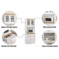 Hodedah Long Standing Kitchen Cabinet With Top & Bottom Enclosed Cabinet Space, One Drawer, Large Open Space For Microwave, White