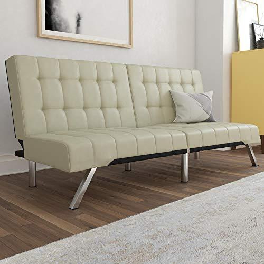 Dhp Emily Futon With Chrome Legs, Vanilla Faux Leather