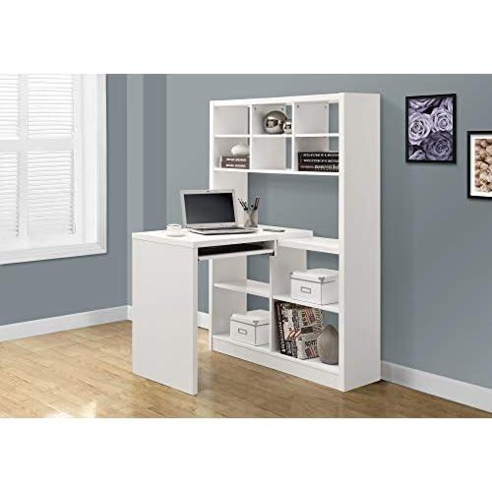 Monarch Specialties 7022 Storage-Bookcase Left Or Right Set Up-Corner Desk With Multiple Adjustable Shelves, 60 L, White