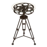 Deco 79 Metal Film Reel Accent Table With Tripod Legs And Glass Top, 15 X 15 X 25, Brown
