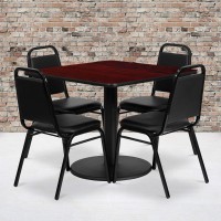 Flash Furniture 36 Square Mahogany Laminate Table Set With Round Base And 4 Black Trapezoidal Back Banquet Chairs