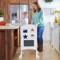 Guidecraft Classic Kitchen Helpera Stool - White With 2 Keepers And Non-Slip Mat: Foldable, Adjustable Height Safety Cooking Tower For Toddlers With Chalkboard And Whiteboard Message Boards