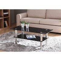 Hodedah Two Tier Rectangle Tempered Glass Coffee Table, Black