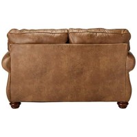 Signature Design By Ashley Larkinhurst Faux Leather Loveseat With Nailhead Trim And 2 Accent Pillows, Brown