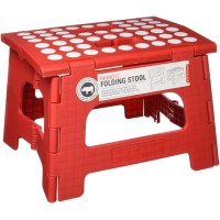 Kikkerland Foldable Sturdy Non- Slip Compact Lightweight Plastic Rhino Ii Step Stool, Red, Holds Up To 300 Lbs, For Kitchen, Bathroom