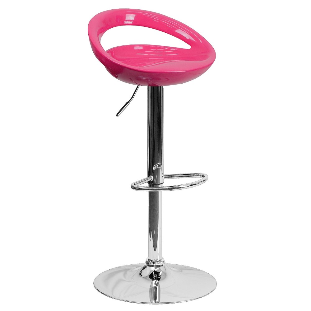 Flash Furniture Dash Contemporary Pink Plastic Adjustable Height Barstool With Rounded Cutout Back And Chrome Base