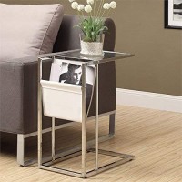 Monarch Specialties 3034, C-Shaped, End, Side, Snack, Storage, Living Room, Bedroom, Pu Leather Look, Clear Accent Table Chrome Metal With A Magazine Rack, 12 L X 195 W X 24 H, Glossy White