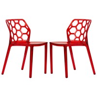 Leisuremod Lowell Modern Stackable Honeycomb Design Dining Side Chair, Set Of 2 (Transparent Red)