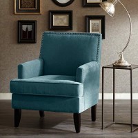 Madison Park Colton Accent Chairs - Hardwood, Birch, Faux Velvet Living Room Chairs - Blue, Teal, Modern Classic Style Living Room Sofa Furniture - 1 Piece Track Arm Club Chair Bedroom Chairs Seats