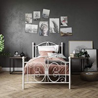 Dhp Bombay Metal Platform Bed With Parisian Style Headboard And Footboard, Adjustable Base Height For Underbed Storage, No Box Spring Needed, Twin, White