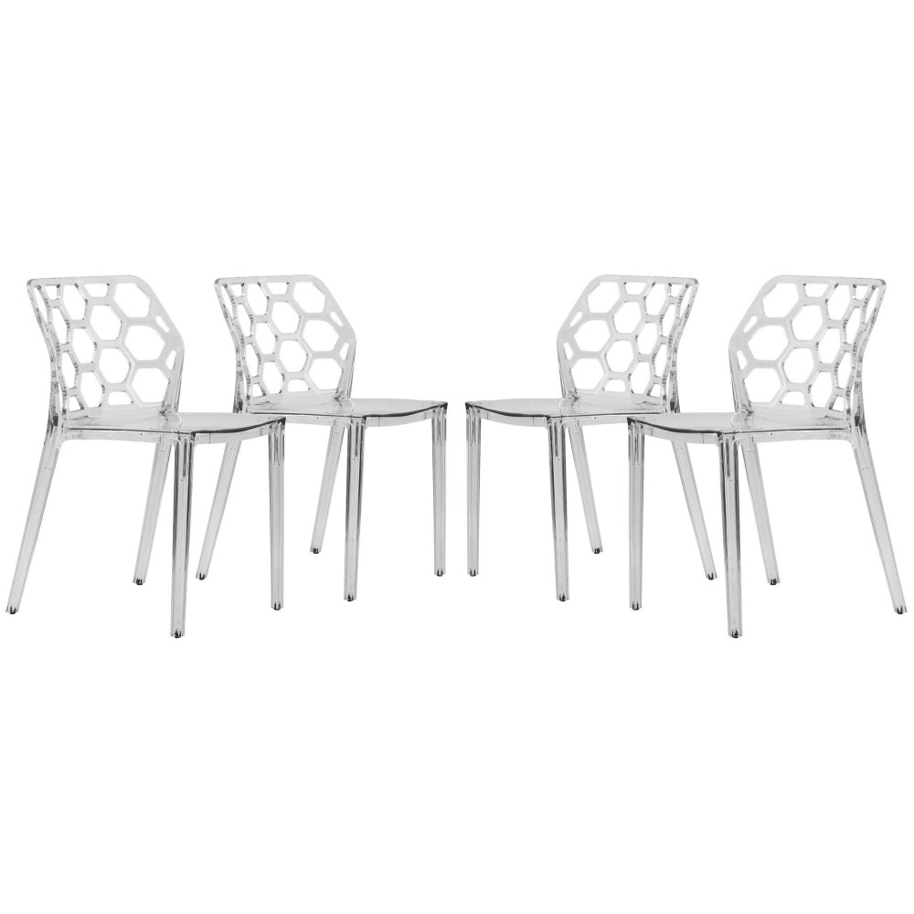 Leisuremod Lowell Modern Stackable Honeycomb Design Dining Side Chair, Set Of 4 (Clear)