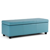Simplihome Avalon 48 Inch Wide Contemporary Rectangle Storage Ottoman Bench In Soft Blue Vegan Faux Leather, For The Living Room, Entryway And Family Room