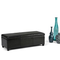 Simplihome Avalon 48 Inch Wide Contemporary Rectangle Storage Ottoman Bench In Midnight Black Vegan Faux Leather, For The Living Room, Entryway And Family Room