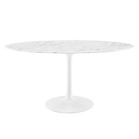 Modway Lippa 60 Oval-Shaped Mid-Century Modern Dining Table With Artificial Marble Top And White Base