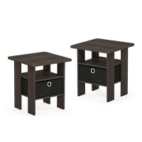 Furinno Andrey Set Of 2 End Table Side Table Night Stand Bedside Table With Bin Drawer, Dark Brownblack