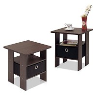 Furinno Andrey Set Of 2 End Table Side Table Night Stand Bedside Table With Bin Drawer, Dark Brownblack