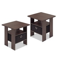 Furinno Andrey Set Of 2 End Table Side Table Night Stand Bedside Table With Bin Drawer, Dark Brownblack