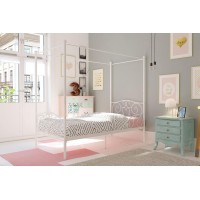 Dhp Metal Canopy Kids Platform Bed With Four Poster Design, Scrollwork Headboard And Footboard, Underbed Storage Space, No Box Sring Needed, Twin, White