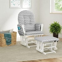Storkcraft Premium Hoop Glider And Ottoman (White Base, Gray Chevron Cushion) ?Padded Cushions With Storage Pocket, Smooth Rocking Motion, Easy To Assemble, Solid Hardwood Base