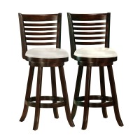 Corliving Woodgrove Cappuccino Stained Swivel Bar Height Barstool With Leatherette Seat, 29 Seat Height, Set Of 2