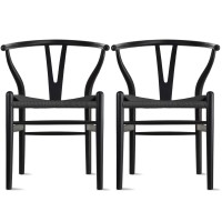 2Xhome Set Of 2 Wishbone Solid Wood Armchairs With Arms Open Y Back Farmhouse Dining Office Chairs With Woven Black Seat (Black)