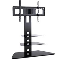 2Xhome - Tv Stand With Shelves - Tempered Glass Shelf Shelving System Combo Unit Rack Tower Base Black Two (2) Tier Double Tinted Smoke Colored Glass Color - Integrated Tv Mount