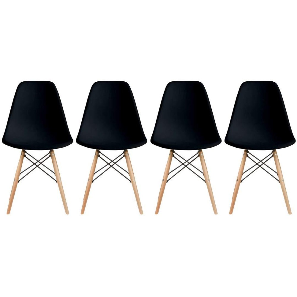 2Xhome Modern Plastic Side Dining Chairs No Arms With Back Natural Wood Wooden Legs, Black, Set Of 4