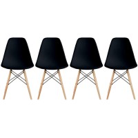 2Xhome Modern Plastic Side Dining Chairs No Arms With Back Natural Wood Wooden Legs, Black, Set Of 4