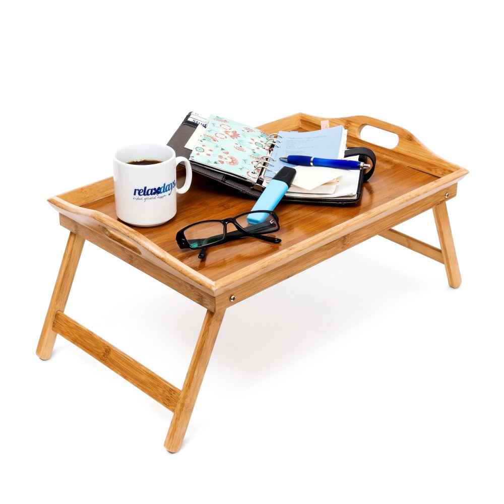 Relaxdays Bamboo Folding Serving Tray, Hxwxd: Ca 25 X 52 X 33 Cm, For Breakfast In Bed, With Handles And Foldable Legs, Natural Brown
