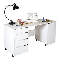 South Shore Crea Craft Table On Wheels With Sliding Shelf, Storage Drawers And Scratchproof Surface, Pure White