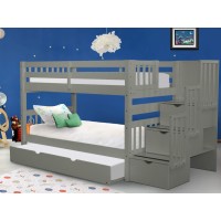 Bedz King Stairway Bunk Beds Twin Over Twin With 3 Drawers In The Steps And A Twin Trundle, Gray