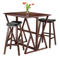 Winsome 3-Piece Harrington Drop Leaf High Table With 2 Cushion Saddle Seat Stools, 29-Inch, Brown