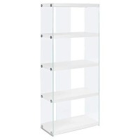 Monarch Specialties I Bookcase-5-Shelf Etagere Bookcase Contemporary Look With Tempered Glass Frame Bookshelf, 60H, (White)