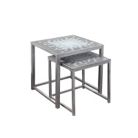 Monarch Specialties Greyblue Tile Tophammered Silver 2-Piece Nesting Table