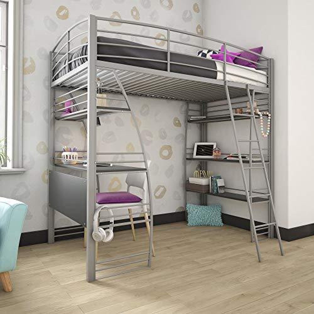 Dhp Studio Loft Bunk Bed Over Desk And Bookcase With Metal Frame - Twin (Gray)