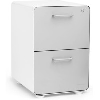Poppin Stow 2-Drawer File Cabinet - White + Light Gray. Powder-Coated Steel. Legal/Letter Sized Drawers. Fully Painted Inside And Out. Two Keys Included. 1 Lock For Both Drawers.