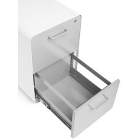 Poppin Stow 2-Drawer File Cabinet - White + Light Gray. Powder-Coated Steel. Legal/Letter Sized Drawers. Fully Painted Inside And Out. Two Keys Included. 1 Lock For Both Drawers.