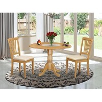 East West Furniture Dlav3-Oak-C 3 Piece Dining Set Contains A Round Dining Table With Dropleaf And 2 Linen Fabric Kitchen Room Chairs, 42X42 Inch, Oak
