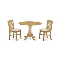 East West Furniture Dublin 3 Piece Room Furniture Set Contains A Round Kitchen Table With Dropleaf And 2 Linen Fabric Upholstered Dining Chairs, 42X42 Inch, Dlno3-Oak-C