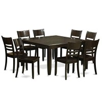 East West Furniture Pfly9-Cap-W 9 Pc Dining Room Set Table With Leaf And 8 Kitchen Chairs, Wood Seat
