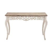 Deco 79 Wood Floral Intricately Carved Console Table With Brown Wood Top, 46 X 15 X 30, White
