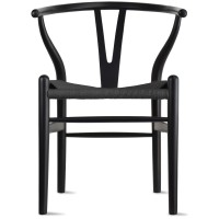 2Xhome Wishbone Solid Wood Armchair With Arms Open Y Back Dining Chairs Woven Black Seat