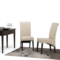 Simplihome Avalon Deluxe Parson Dining Chair (Set Of 2), Satin Cream Faux Leather And Solid Wood, Square, Upholstered, For The Dining Room, Transitional Modern