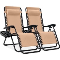 Best Choice Products Set Of 2 Adjustable Steel Mesh Zero Gravity Lounge Chair Recliners W/Pillows And Cup Holder Trays, Beige
