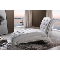 Baxton Studio Pease Contemporary Faux Leather Upholstered Crystal Button Tufted Chaise Lounge, White