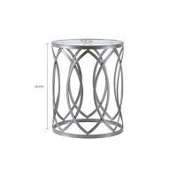 Madison Park Arlo Accent Tables For Living Room, Glass Top Hollow Round, Small Metal Frame Geometric Eyelet Pattern Luxe Modern Stylish Nightstand Bedroom Furniture, Silver
